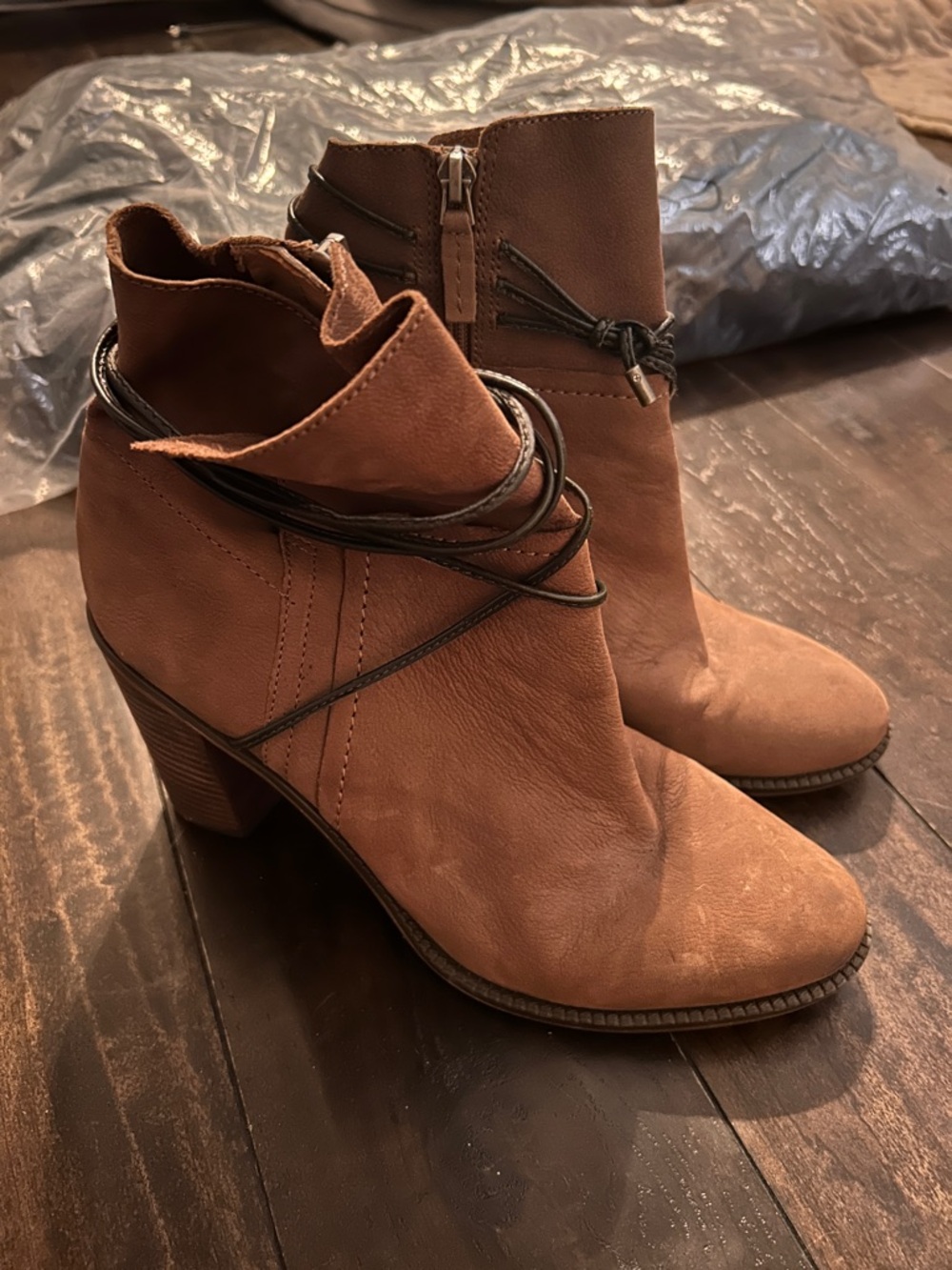 Franco Sarto Tan Brown Suede Ankle Booties with Wrap Detail